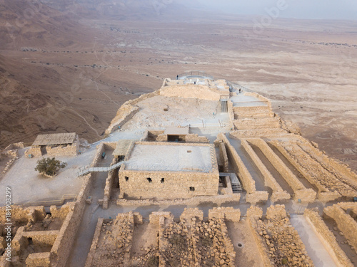 Masada - Aerial image of the ancient fortification in the Southern District of Israel photo