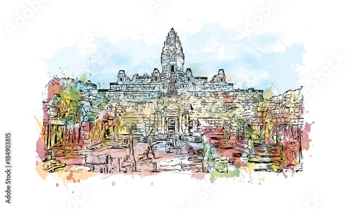 Angkor Wat Temple, Cambodia. Watercolor splash with hand drawn sketch illustration in vector 