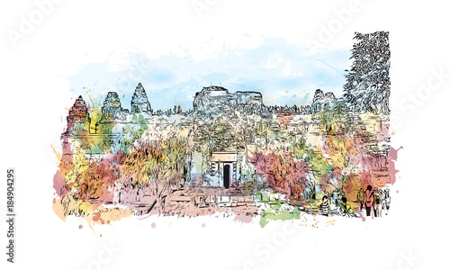 Angkor Wat Temple, Cambodia. Watercolor splash with hand drawn sketch illustration in vector 
