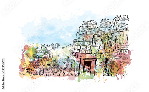 Angkor Wat Temple, Cambodia. Watercolor splash with hand drawn sketch illustration in vector 