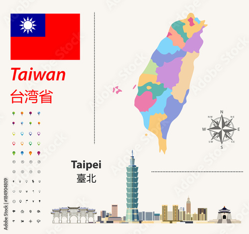 Taiwan vector map and flag. Abstract city skyline of Taipei