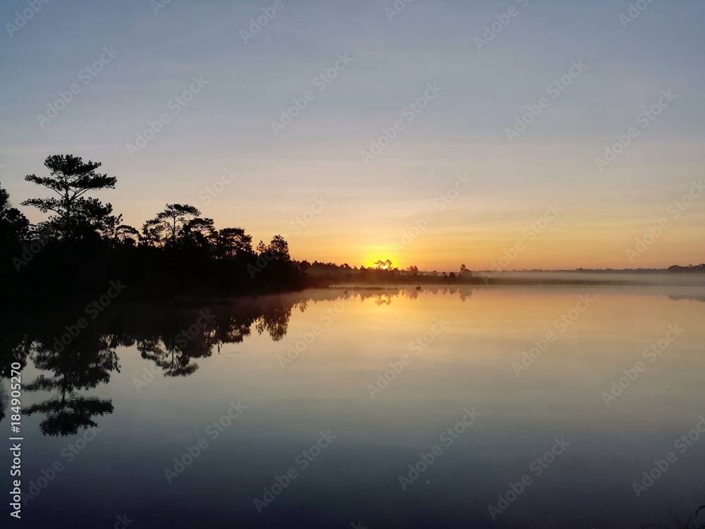 Reflection of the forest over the lake. Lake and forest in morning sunrise.