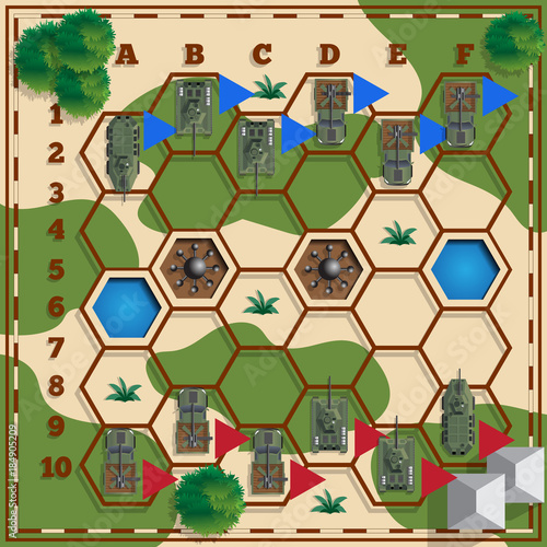 A board game on the military theme. View from above. Vector illustration