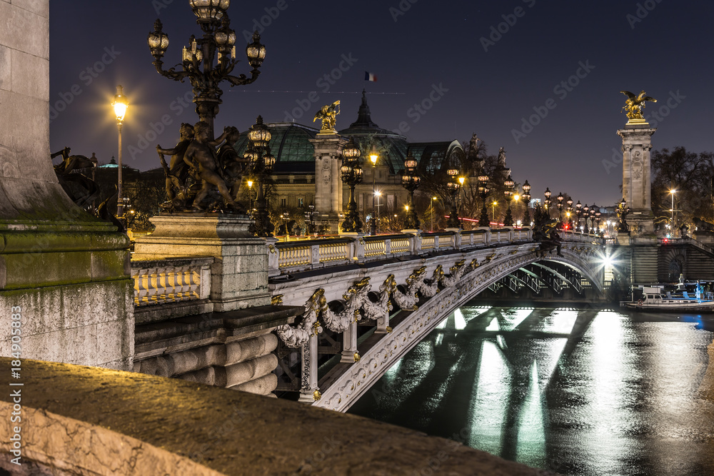 Side view of Alexandre III Bridge early morning in Paris, France