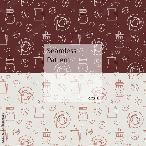 Seamless pattern with various kinds of coffee and devices for coffee making. Vector illustration.