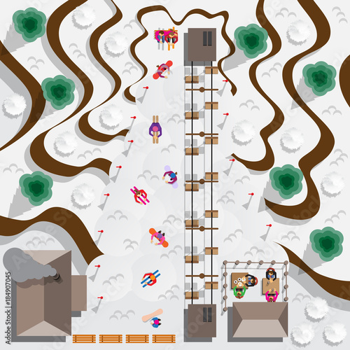Ski resort. People skiing and snowboarding. View from above. Vector illustration.