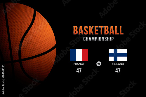 Vector of basketball championship with participating teams and game points on black background.