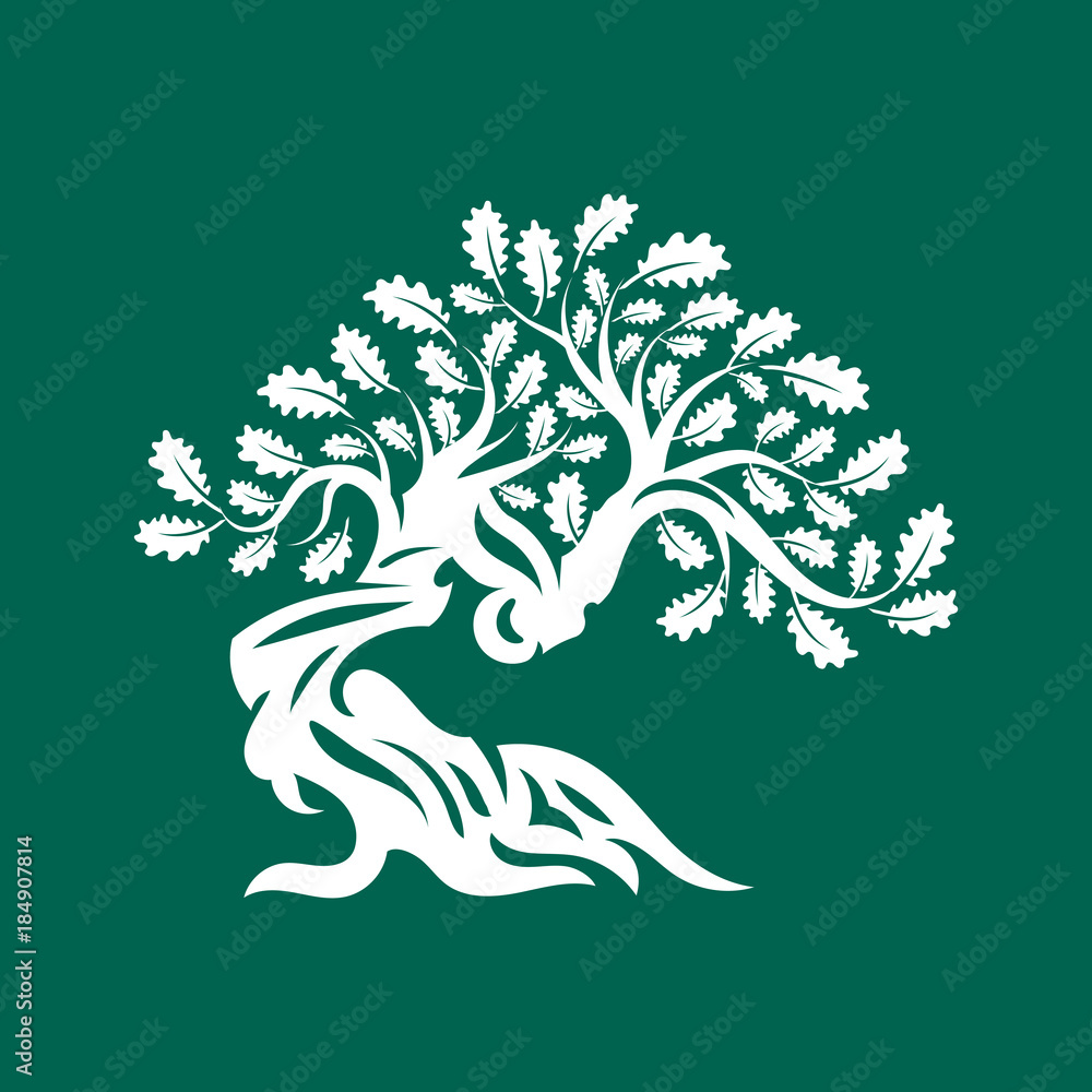 Fototapeta premium Huge and sacred oak tree silhouette logo badge isolated on green background.