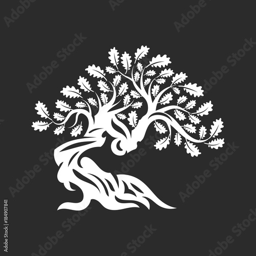 Huge and sacred oak tree silhouette logo badge isolated on dark background.