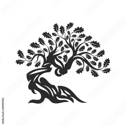 Huge and sacred oak tree silhouette logo badge isolated on white background.
