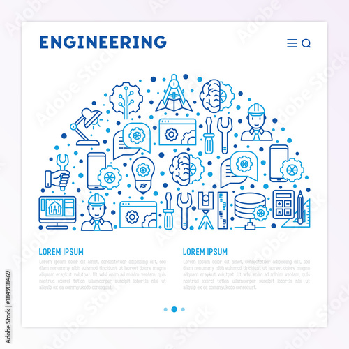 Engineering concept in half circle with thin line icons: engineer, electronics, calculations, tools, repair, idea, it server. Modern vector illustration for web page, banner, print media.