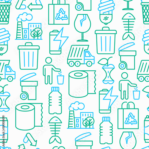 Garbage seamless pattern with thin line icons  garbage bin  organic trash  garbage truck  glass  recycled paper  aluminium  battery  plastic bottle. Modern vector illustration.