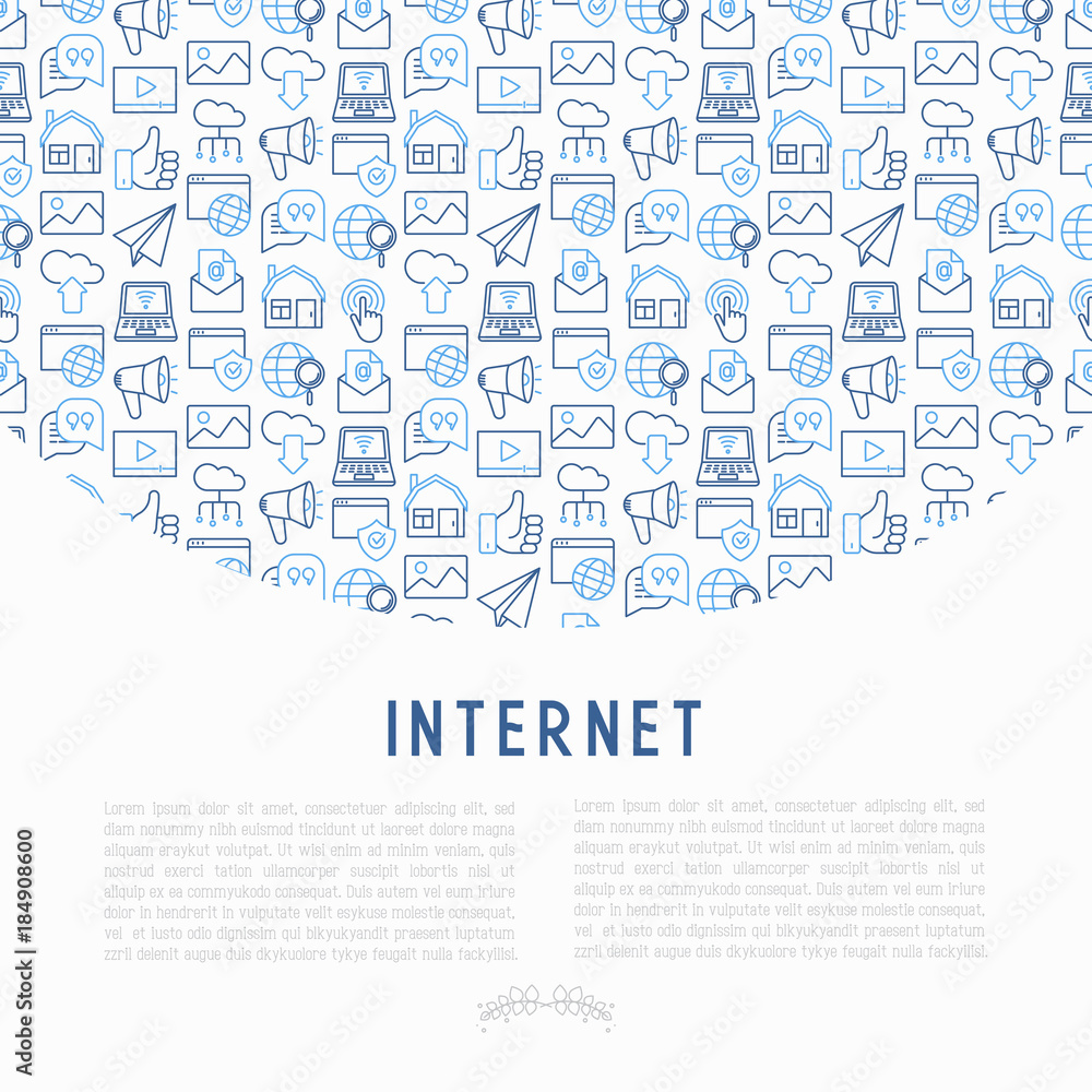 Internet concept with thin line icons: e-mail, chat, laptop, share, cloud computing, seo, download, upload, stream, global connection. Modern vector illustration for web page.