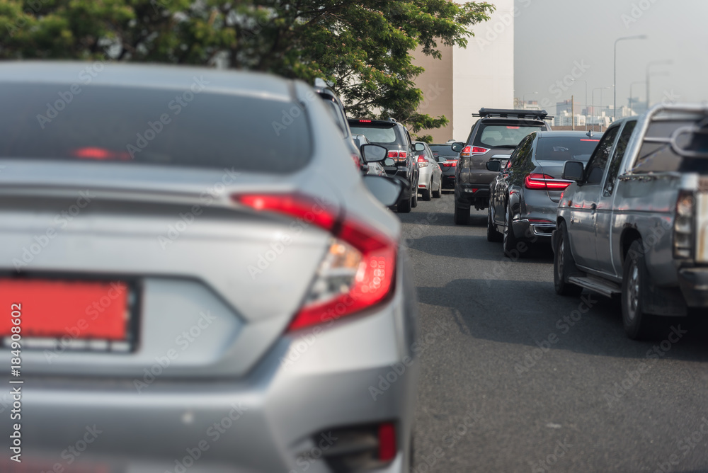 traffic jam with row of cars on toll way