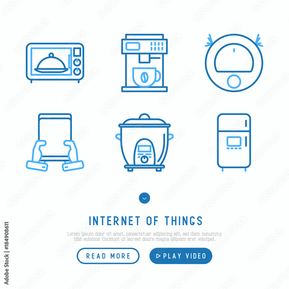 Internet of things thin line icons set: microwave, coffee machine, robot vacuum cleaner, tablet in hands, refrigerator, rice cooker. Vector illustration.