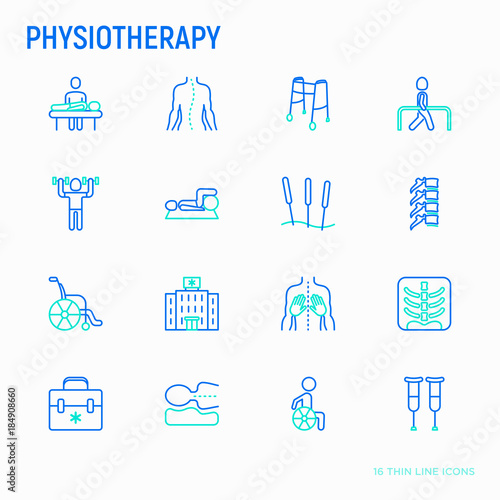 Physiotherapy thin line icons set: rehabilitation, physiotherapist, acupuncture, massage, gymnastics, go-carts, vertebrae; x-ray, trauma, crutches, wheelchair, orthopedic pillow. Vector illustration.