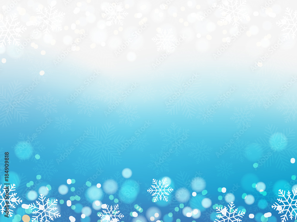 Illustration of Christmas background with blue and white snowflakes and bokeh Illustration of Christmas background with blue and white snowflakes and bokeh