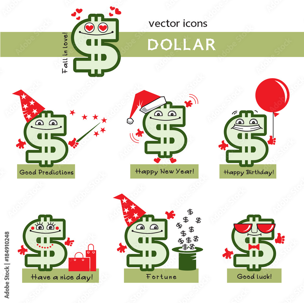 Dollar sign with face. Icon set of funny cartoon festive characters - New Year, Birthday, love. Cute emoticon; smiley on money theme.