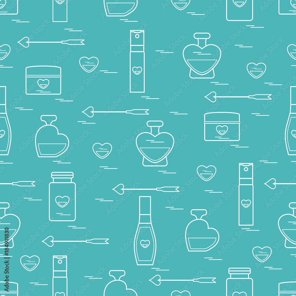 Cute seamless pattern with various accessories for the care of your body and hair: perfume bottles in the shape of a heart, cream, hair spray and other. Cute seamless pattern with various accessories for the care of your body and hair: perfume bottles in the shape of a heart, cream, hair spray and other.
