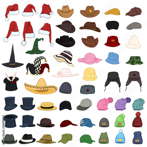 Vector Big Set of Cartoon Hats and Caps. 57 Headwear Items.