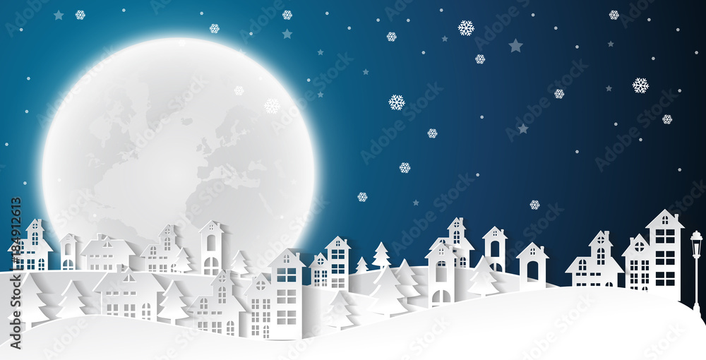 Landscape City Village in winter season christmas and happy new year urban.paper art style