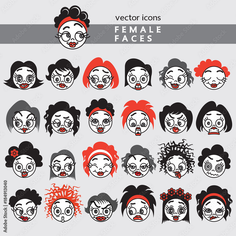 Vector Smiley Icons of female faces. Emoticons, avatar with an expression of women feelings.