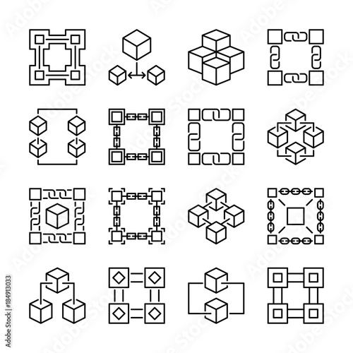 Block chain icons. Collection of 16 vector blockchain signs