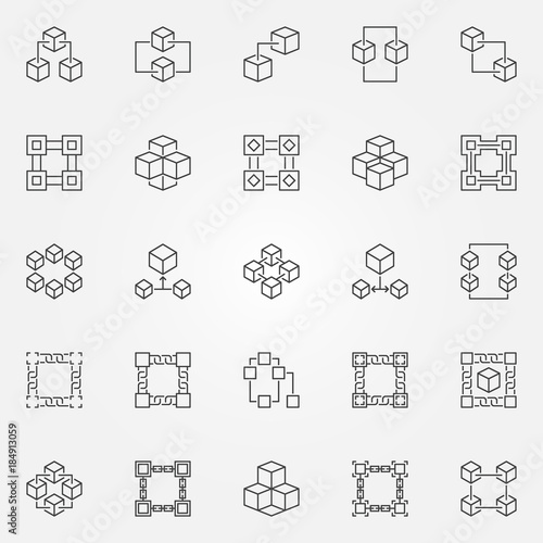 Blockchain icons set - vector block chain concept line symbols