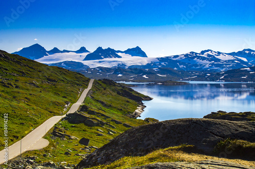 View of Route 55 in Norway. Sognefjellsvegen with Sognefjellet mountain pass in Jotunheimen photo