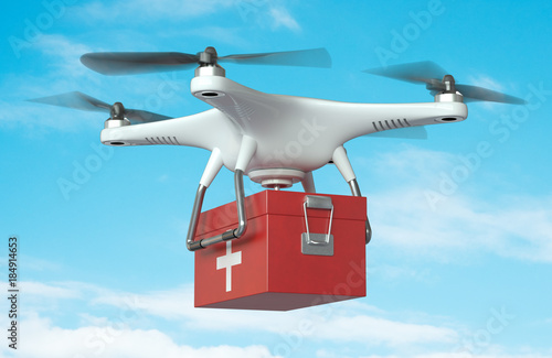 White Quadrocopter Drone with first aid kit in flight on an blue sky background. 3D illustration