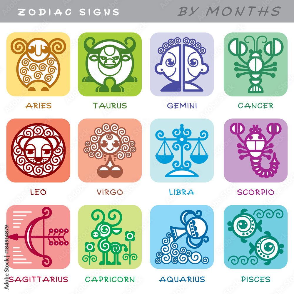 Zodiac signs - set of icons of animals by months, symbols of astrological  calendar. Stock Vector | Adobe Stock