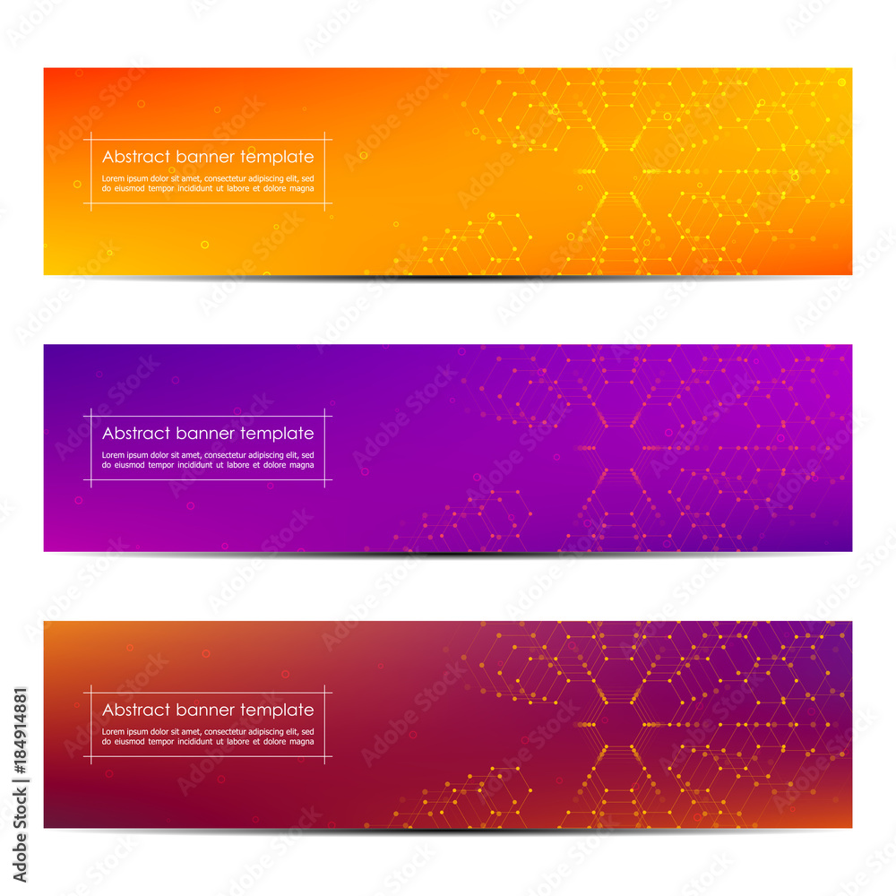 Set of abstract banner design, with futuristic hexagonal background. Geometric polygonal graphics. Scientific and technological concept, vector illustration.