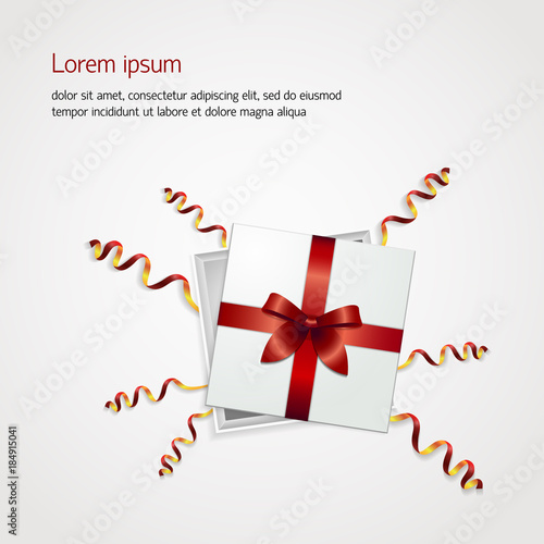 Gift box Vector illustration White gift box with red ribbon and colorful serpentine are lying on a white background Modern realistic style Top view