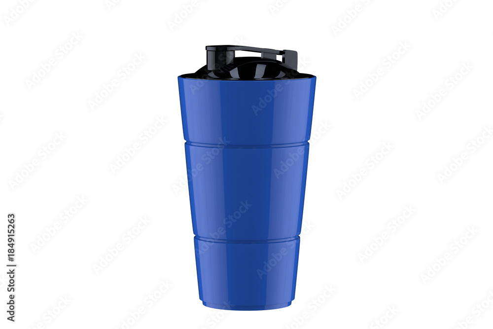 3d rendering of blue shaker on white background. Fitness accessories. Kitchenware. Healthy eating 3d rendering of blue shaker on white background. Fitness accessories. Kitchenware. Healthy eating