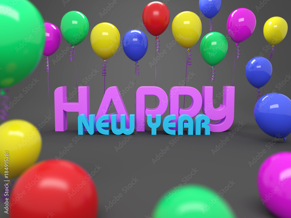 Happy New Year Concept with Balloons - 3D Rendered Image Happy New Year Concept with Balloons - 3D Rendered Image