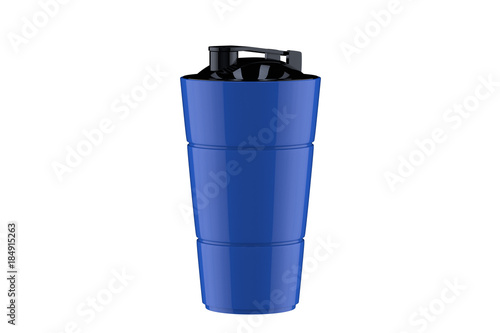 3d rendering of blue shaker on white background. Fitness accessories. Kitchenware. Healthy eating