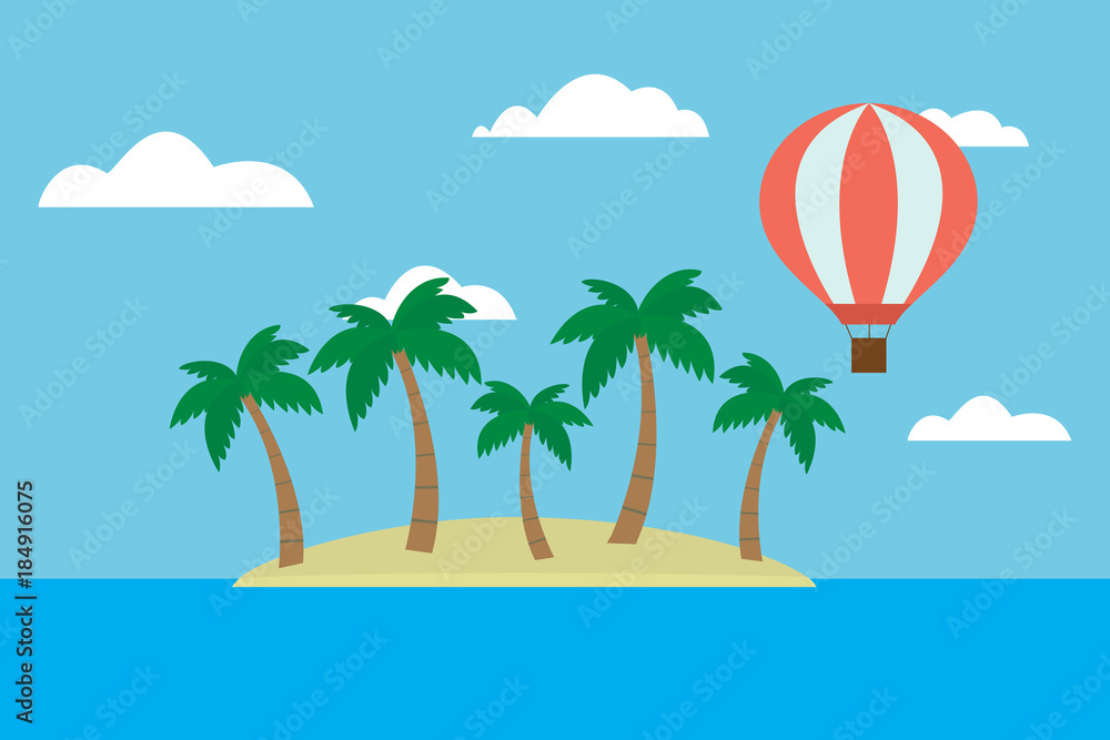 Cartoon vector illustration of tropical island with palm trees and hot air balloon flying between clouds on blue sky