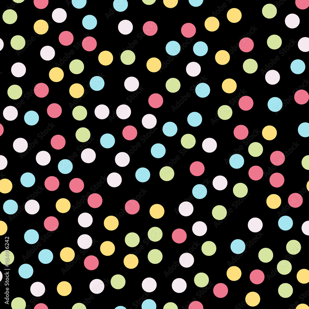 Colorful polka dots seamless pattern on black 4 background. Delicate classic colorful polka dots textile pattern. Seamless scattered confetti fall chaotic decor. Abstract vector illustration. Colorful polka dots seamless pattern on black 4 background. Delicate classic colorful polka dots textile pattern. Seamless scattered confetti fall chaotic decor. Abstract vector illustration.