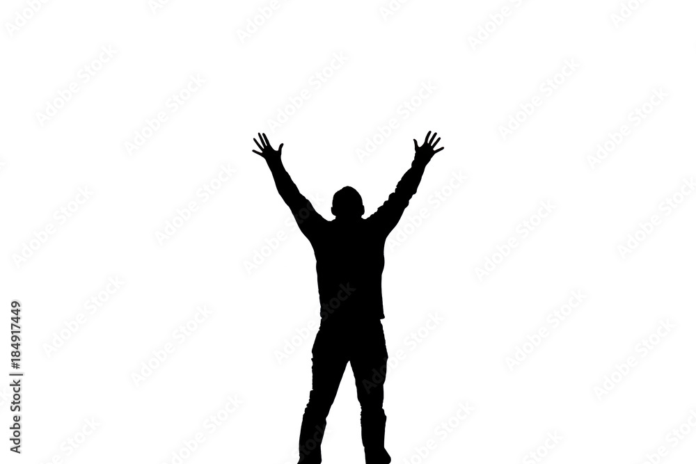 Obraz premium Silhouette of a man lifting his hands up, isolated on white background