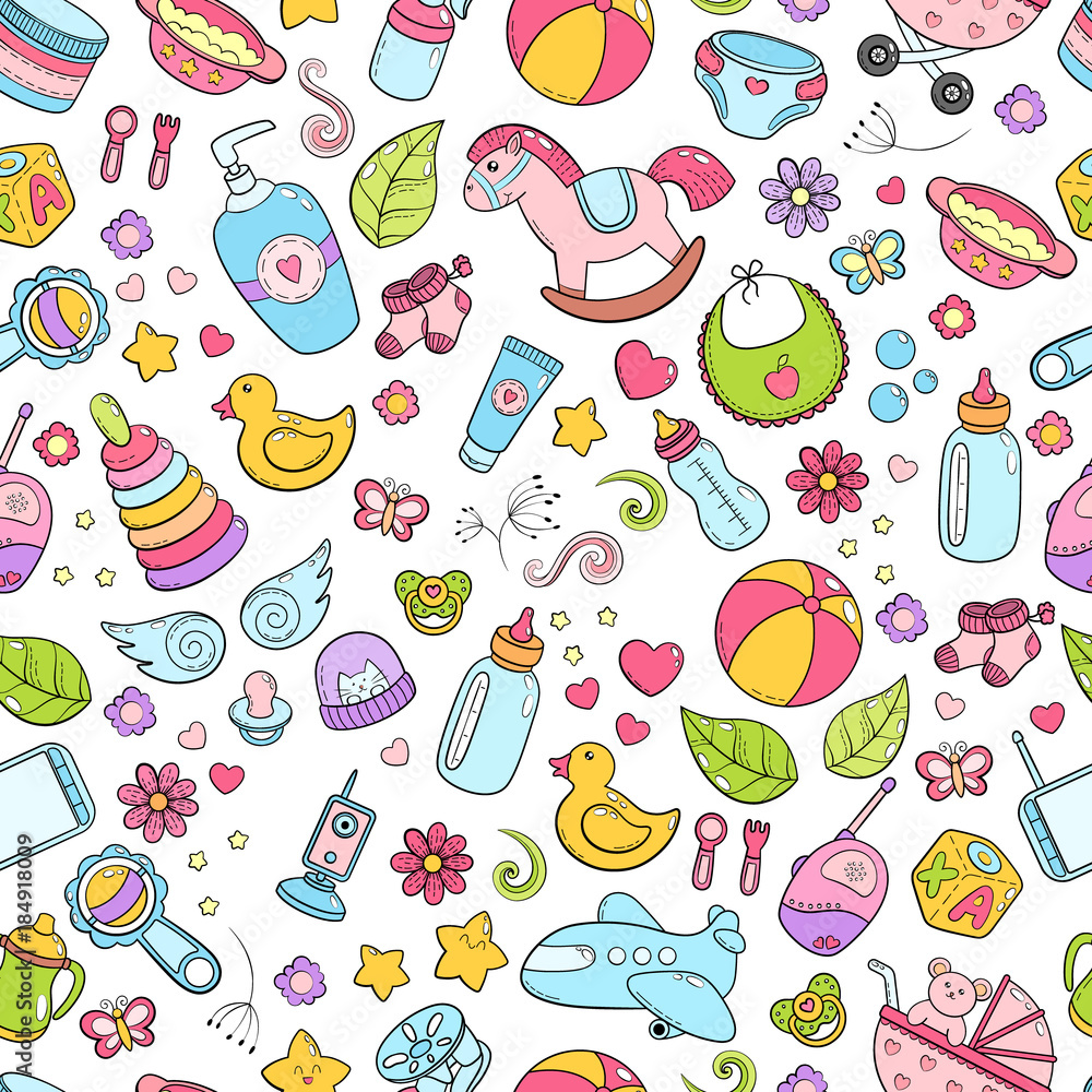 Seamless background texture backdrop pattern wallpaper with children  cartoon doodle toys Educational games for kids illustration Baby shower  Icons set Newborn baby vector collection baby care Stock Vector  Adobe  Stock