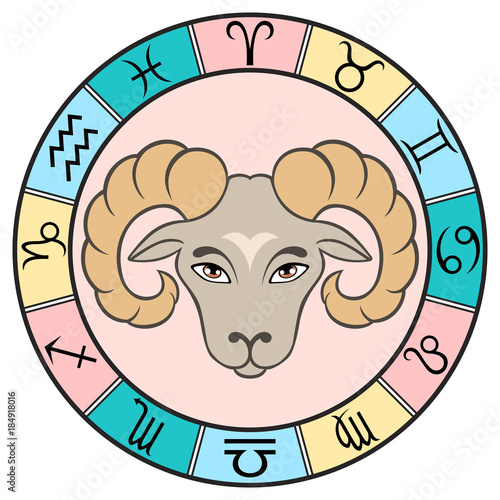 Aries. Color sign of the zodiac in the round frame.