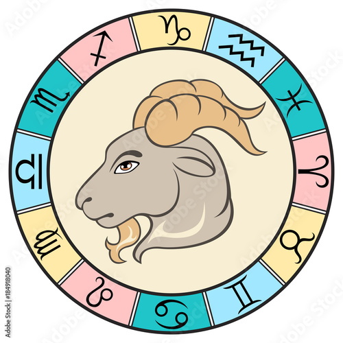 Aries. Color sign of the zodiac in the round frame.