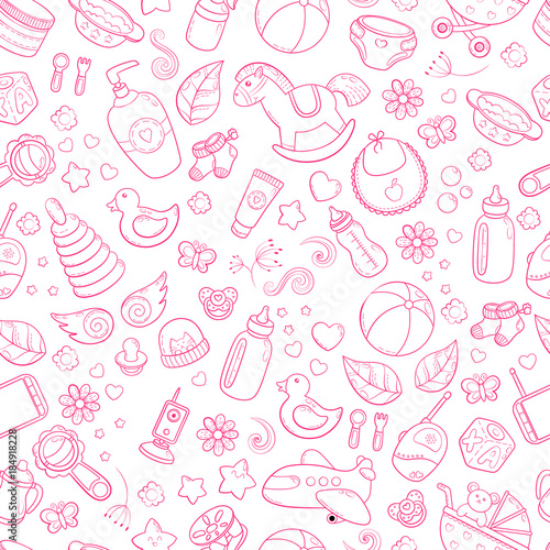 Seamless background, texture, backdrop, pattern, wallpaper with children cartoon doodle toys. Educational games for kids illustration. Baby shower. Icons set. Newborn baby vector collection. baby care