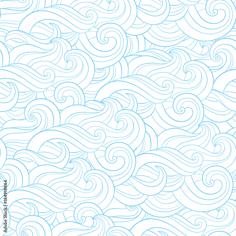 Abstract cartoon blue white background, wallpaper. Doodle pattern sea waves, ocean, river, wind. Seamless texture textile fabric, printing, web design, card, poster, flyer, banner, packaging, wrapping