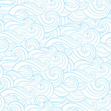 Abstract cartoon blue white background, wallpaper. Doodle pattern sea waves, ocean, river, wind. Seamless texture textile fabric, printing, web design, card, poster, flyer, banner, packaging, wrapping