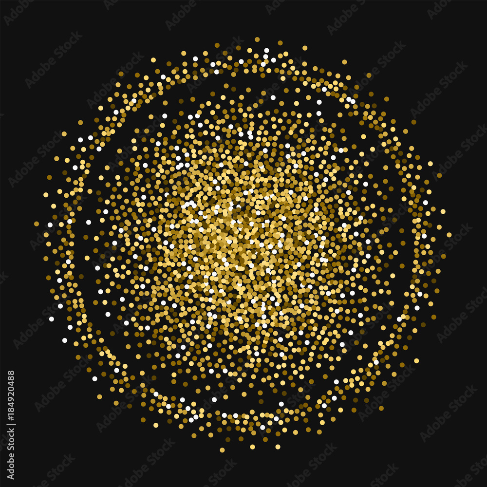 Round gold glitter. Double circle with round gold glitter on black background. Wonderful Vector illustration.