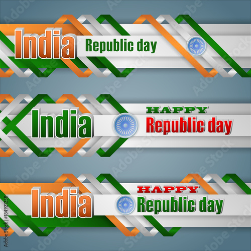 Set of web banners with 3d texts, spinning wheel and Indian flag colors for 26th of January, India, Republic day, celebration; Vector celebration