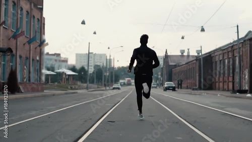 Wallpaper Mural Man running fast in the middle of an old street. Real time shot. Freedom. Camera follows sportsman between tram tracks. Torontodigital.ca