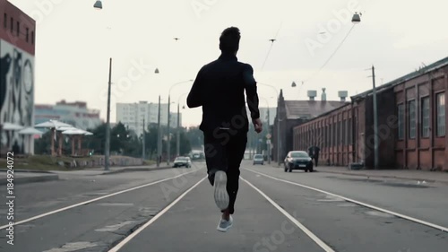 2 in 1. Man running fast in an old city street. Real time. Freedom concept. Camera gets close behind young sportsman.
