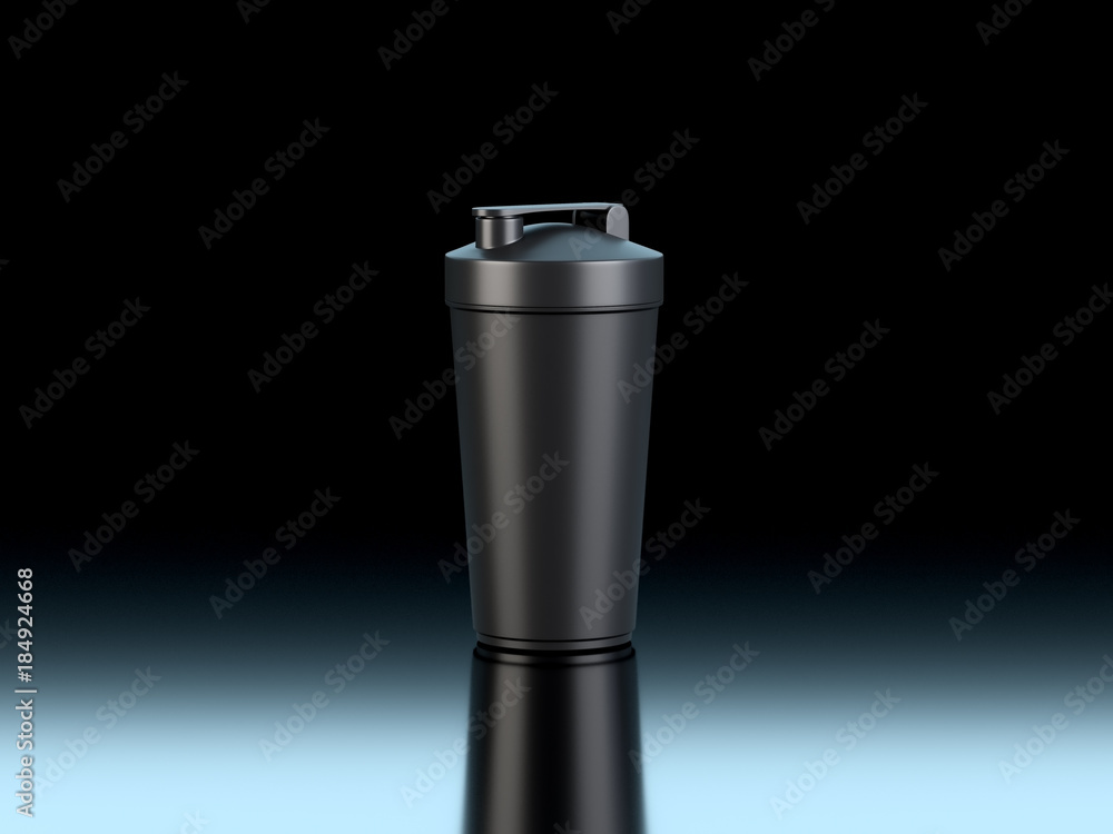 3d rendering of black shaker on black background. Fitness accessories. Kitchenware. Healthy eating. 3d rendering of black shaker on black background. Fitness accessories. Kitchenware. Healthy eating.